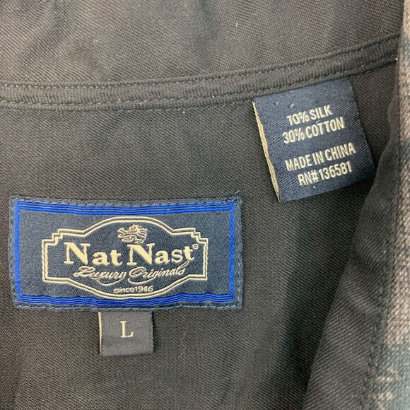 Nat Nast Shirt Mens L Large Brown Black Silk Blend Button Up Palm Tree Hawaiian - Picture 4 of 9
